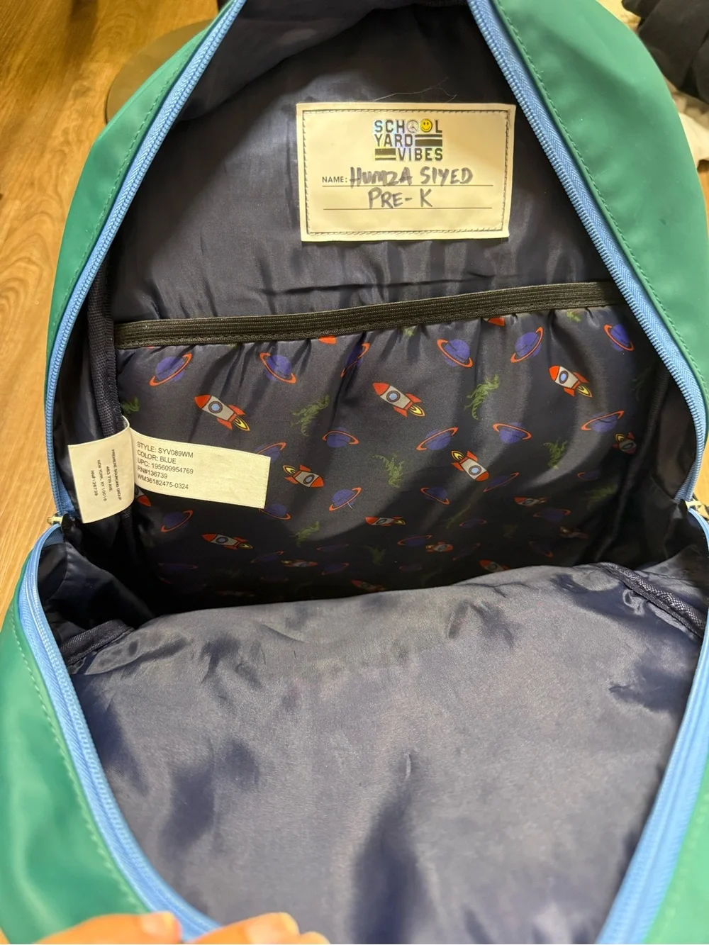 School Yard Vibes Kids Dinosaur Space Rocket Backpack Blue Green